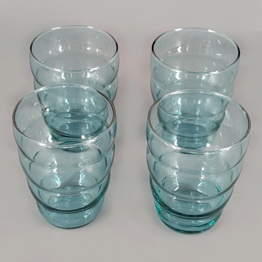 IKEA Turquoise Blue Wavy Glass Tumblers Set of 4 Made in France 18314 1515